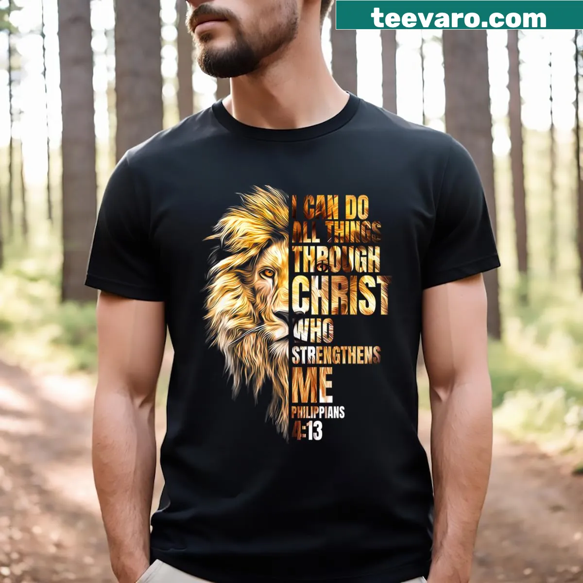 Inspirational lion and faith graphic on a t-shirt — on a men's t-shirt