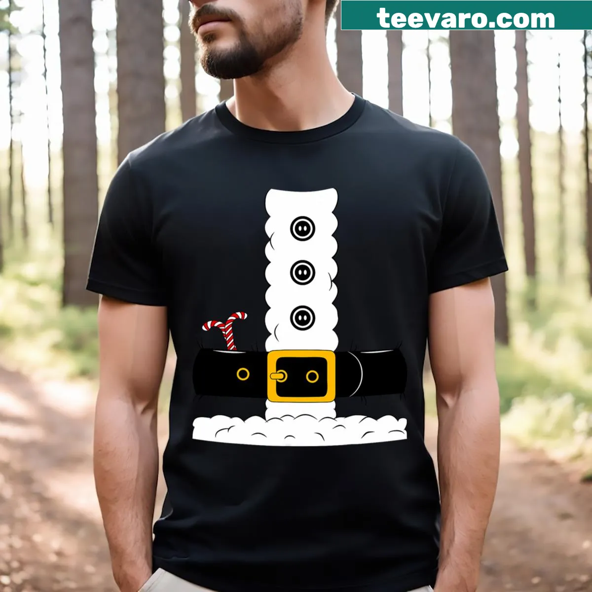 T-shirt featuring a playful illustration of Santa Claus in his suit — on a men's t-shirt