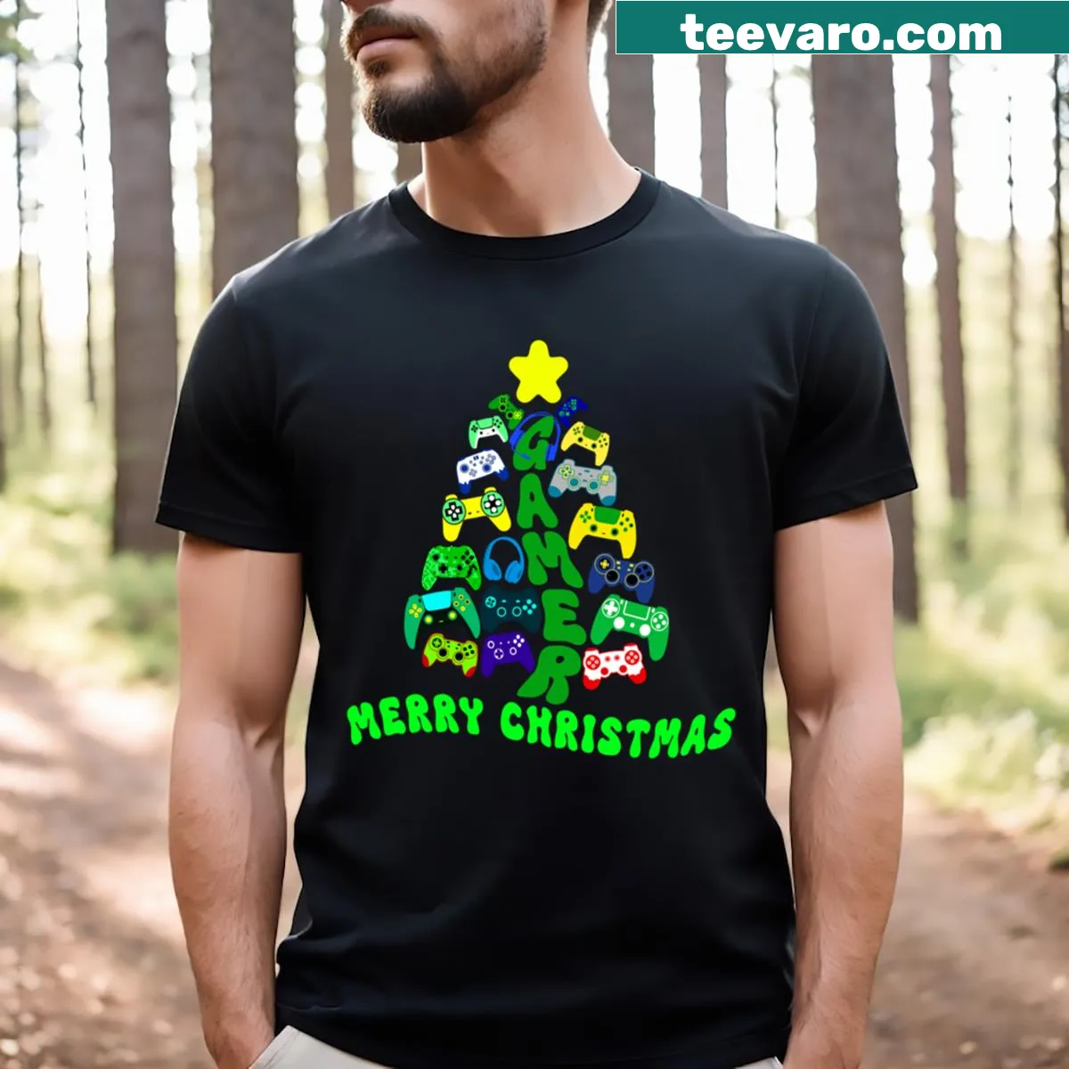 Christmas tree decorated with game controllers on a T-shirt. — on a men's t-shirt