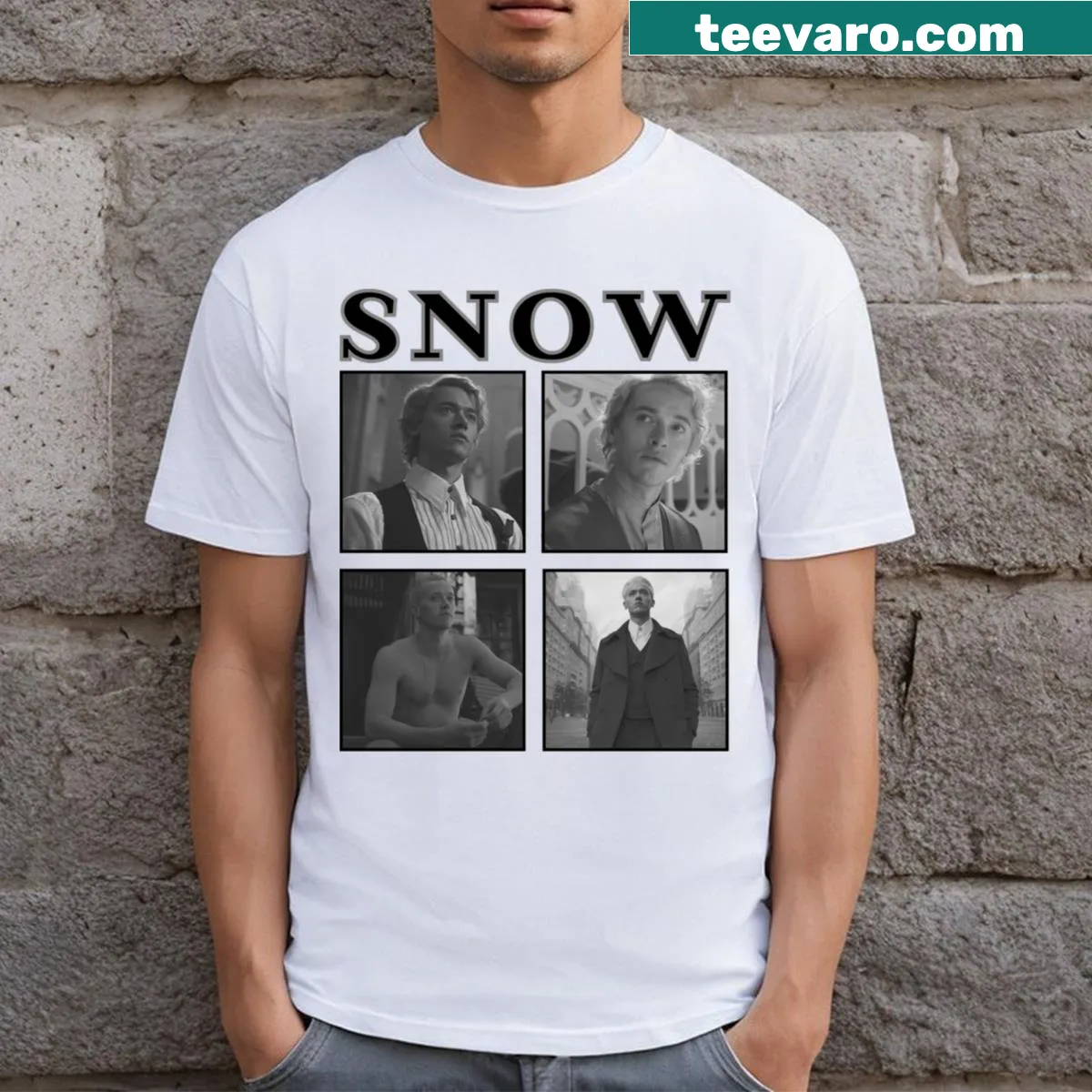 White essential T-shirt inspired by Coriolanus Snow design. — on a men's t-shirt