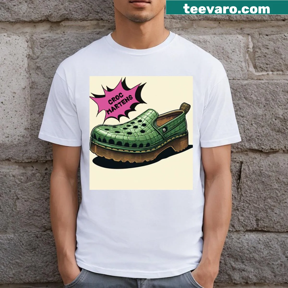 Retro t-shirt featuring a Croc Martens design — on a men's t-shirt
