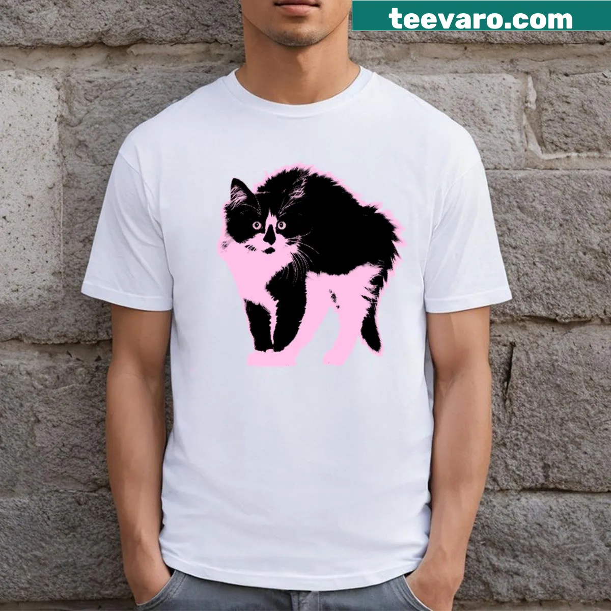 Illustration of a cute pink kitten on a T-shirt — on a men's t-shirt