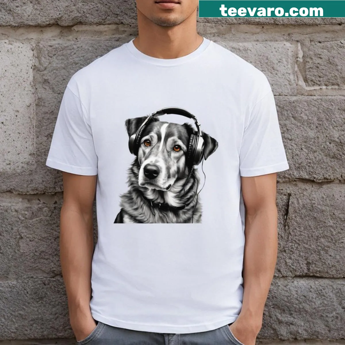 Cute T-shirt featuring a golden retriever dog wearing headphones — on a men's t-shirt