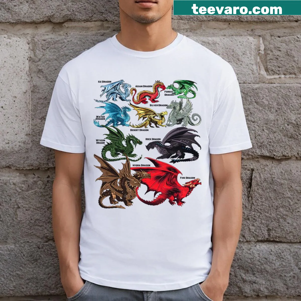 Illustration of various dragon types in a playful arrangement — on a men's t-shirt
