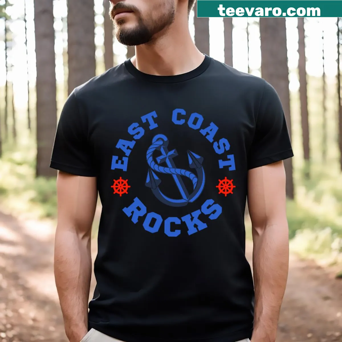 Typographic design that states 'East Coast Rocks' in a bold font — on a men's t-shirt
