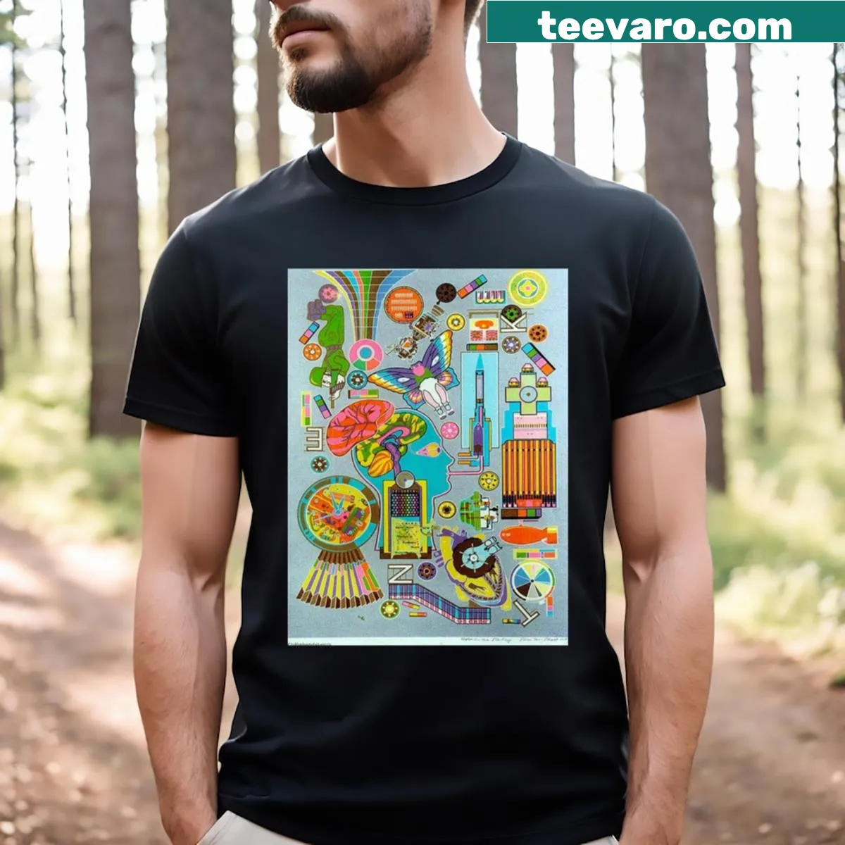 Pop art T-shirt inspired by Eduardo Paolozzi's creative style — on a men's t-shirt