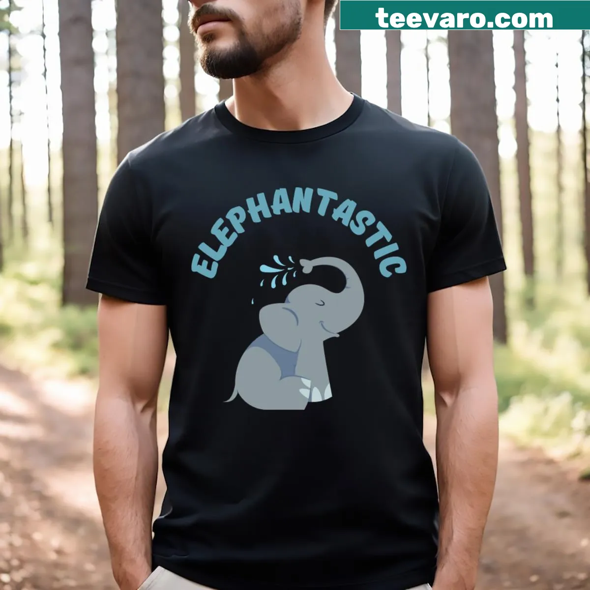 Cartoon illustration of a joyful elephant on a t-shirt — on a men's t-shirt