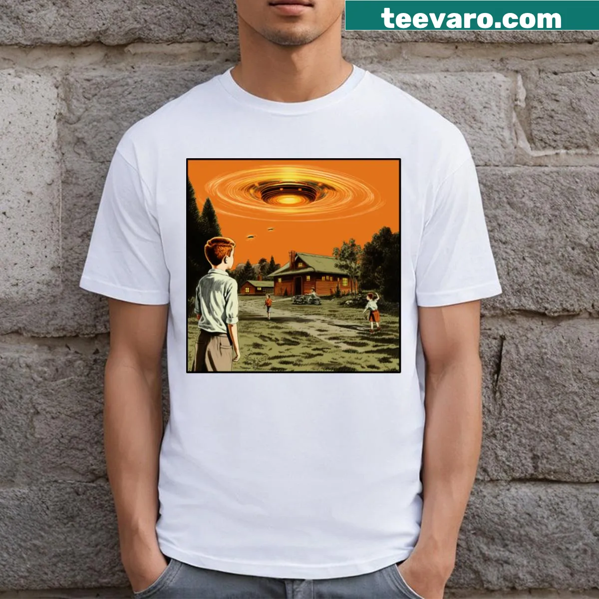 Vintage comic drawing of a family UFO encounter on a T-shirt — on a men's t-shirt