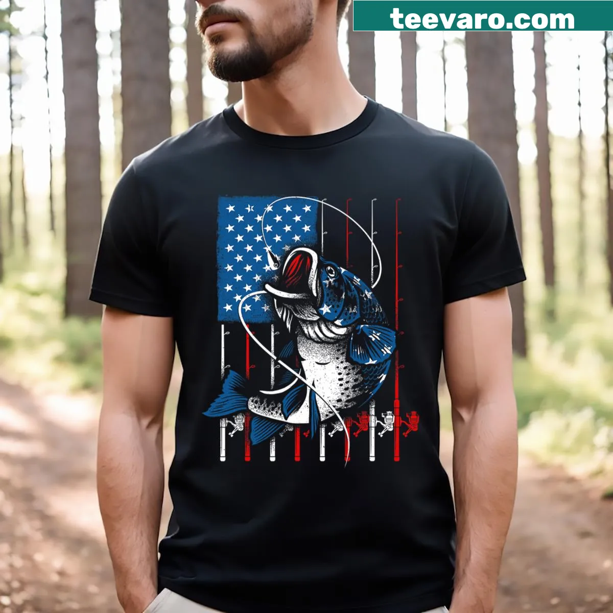Fishing emblem with American flag on a T-shirt — on a men's t-shirt