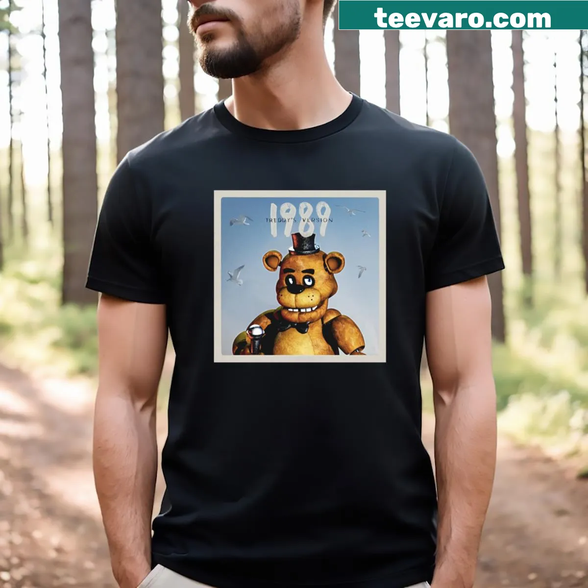Retro-themed T-shirt inspired by Five Nights At Freddy's 1989 — on a men's t-shirt