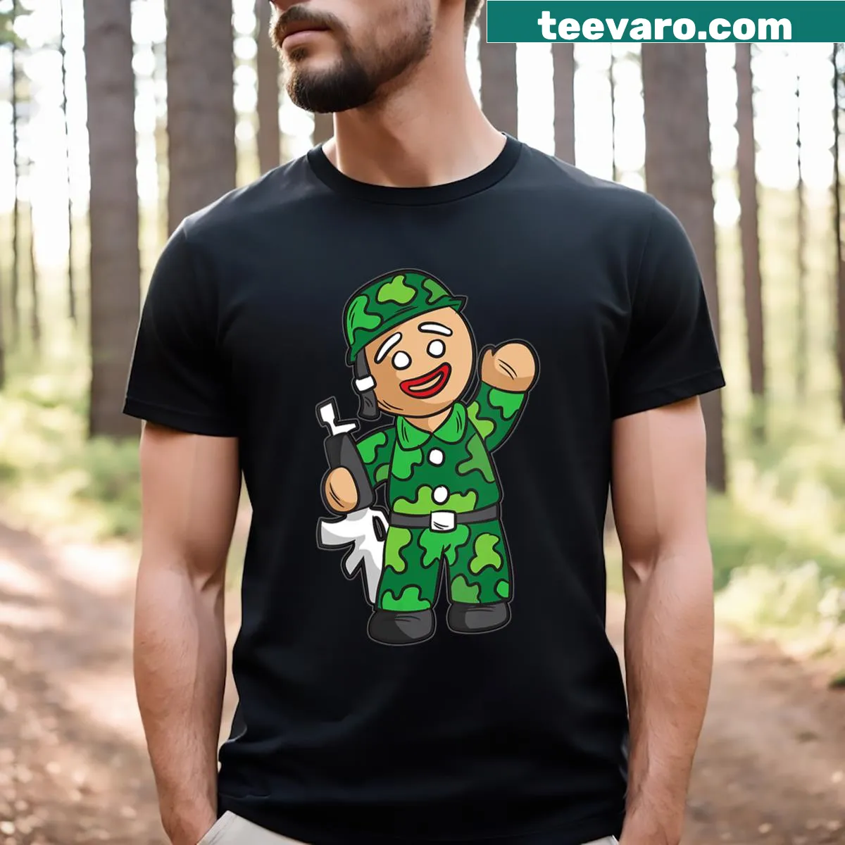 Cute gingerbread man in camouflage on a V-neck T-shirt — on a men's t-shirt
