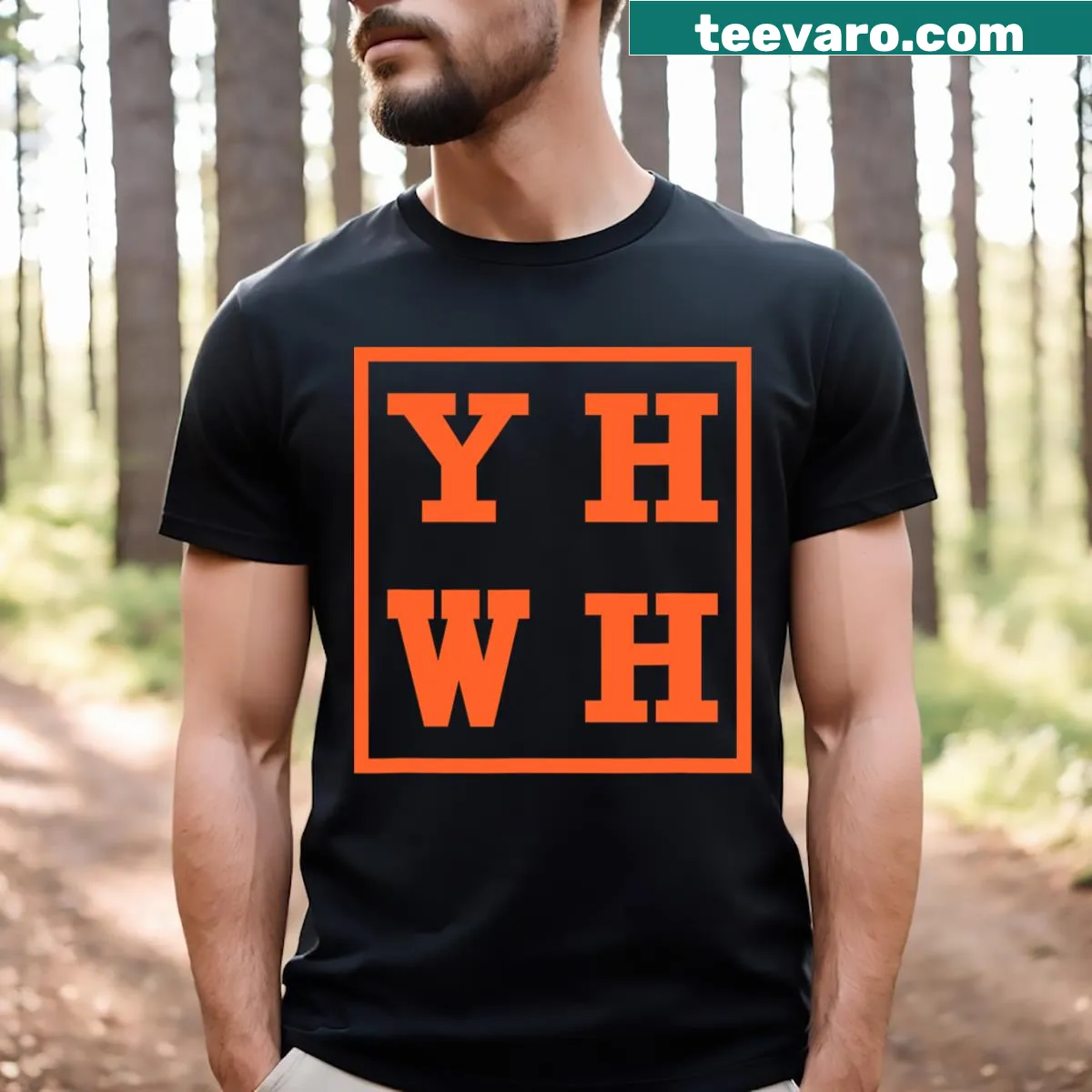 YHWH design on a T-shirt promoting sacred name awareness. — on a men's t-shirt