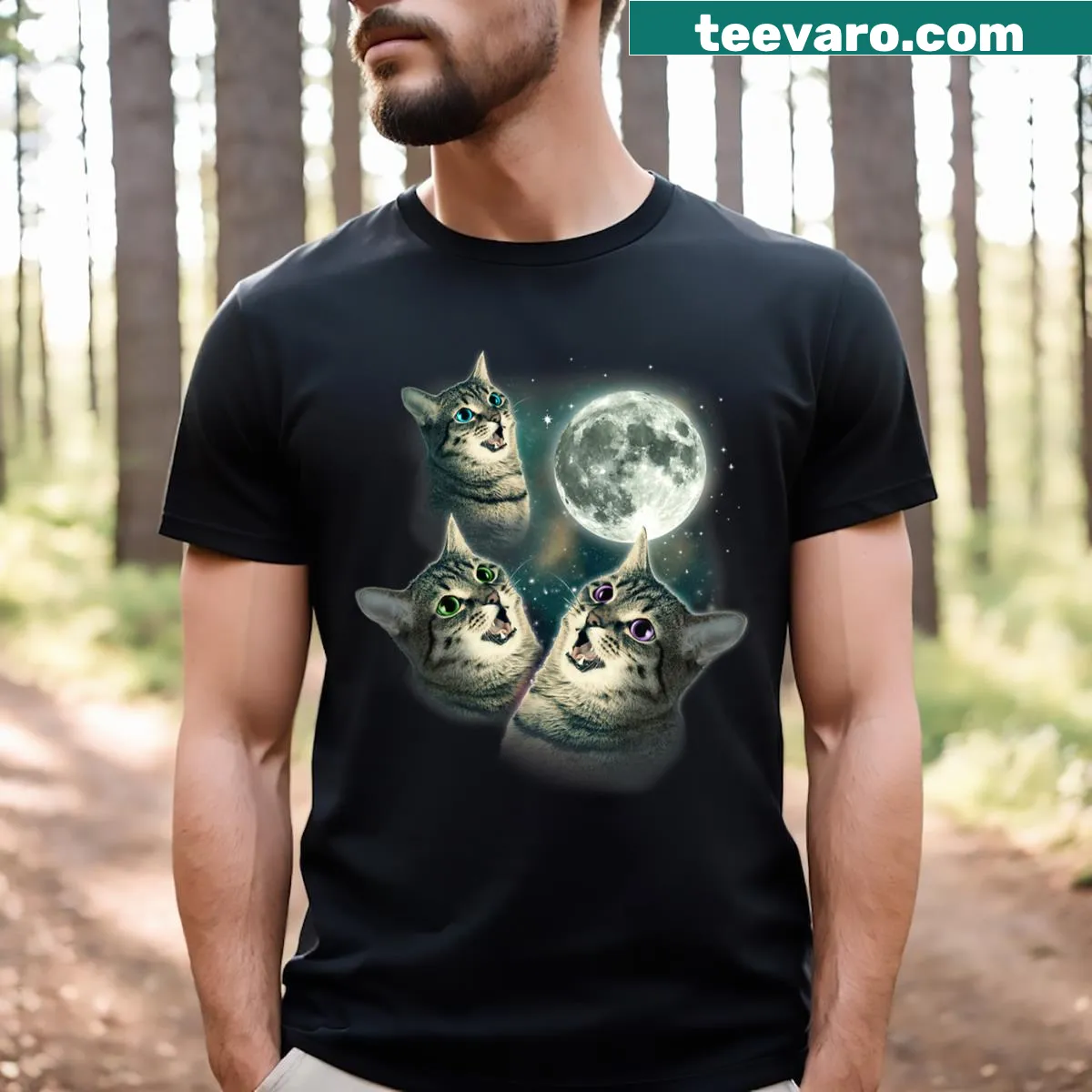 Cute graphic of three cats with wolves against the moon on a T-shirt. — on a men's t-shirt