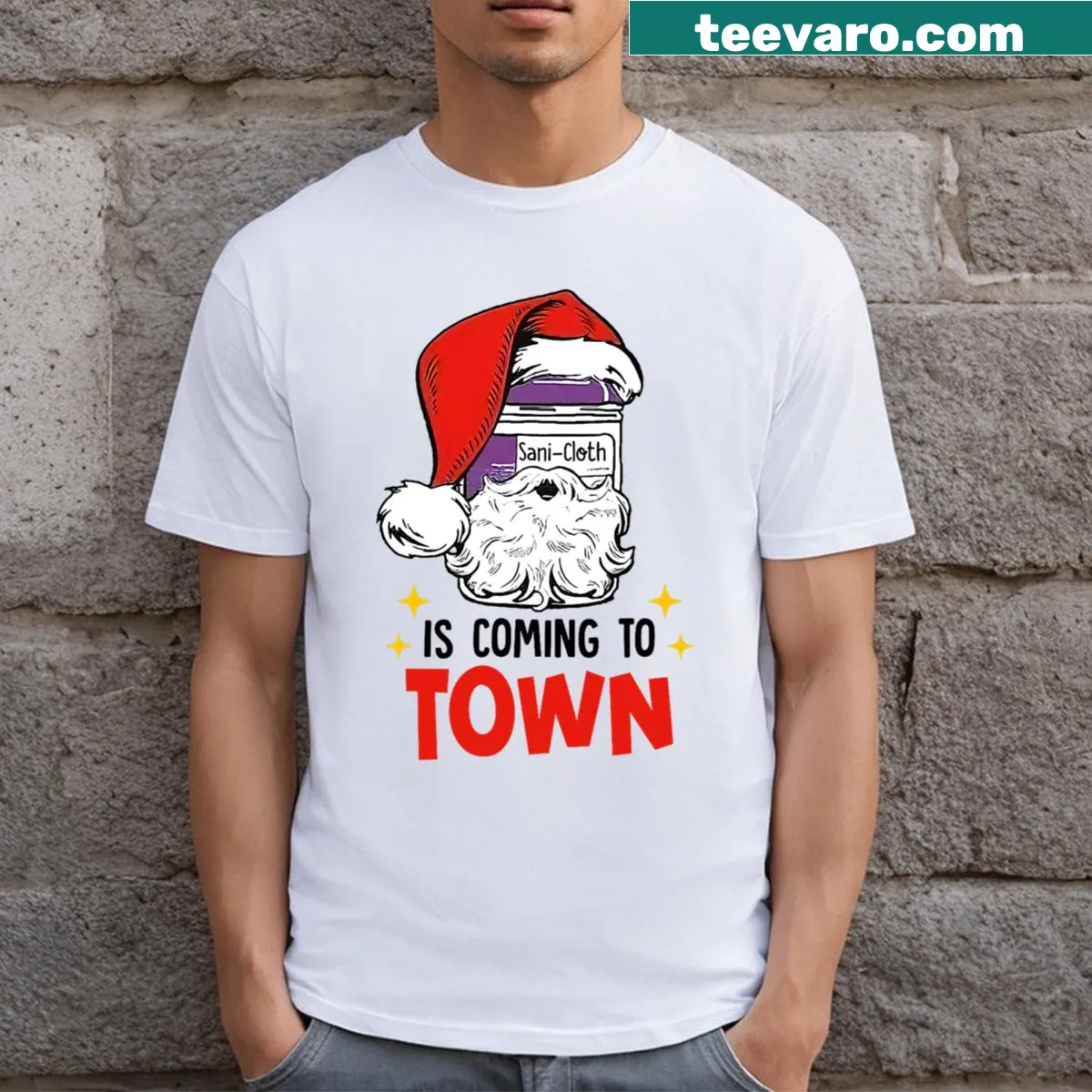 Funny nursing Christmas t-shirt with Sani Cloth design — on a men's t-shirt