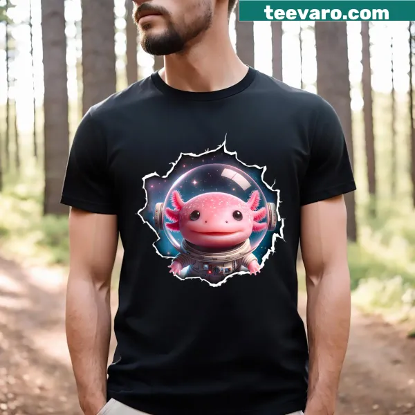 Axolotl astronaut graphic t-shirt featuring a galaxy theme