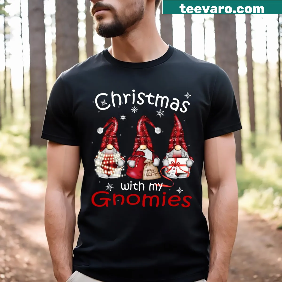 Vintage distressed t-shirt with a gnome family in buffalo plaid — on a men's t-shirt