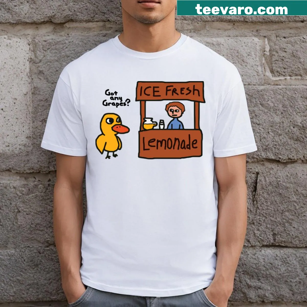 Humorous t-shirt with a grape character asking 'Got Any Grapes?' — on a men's t-shirt