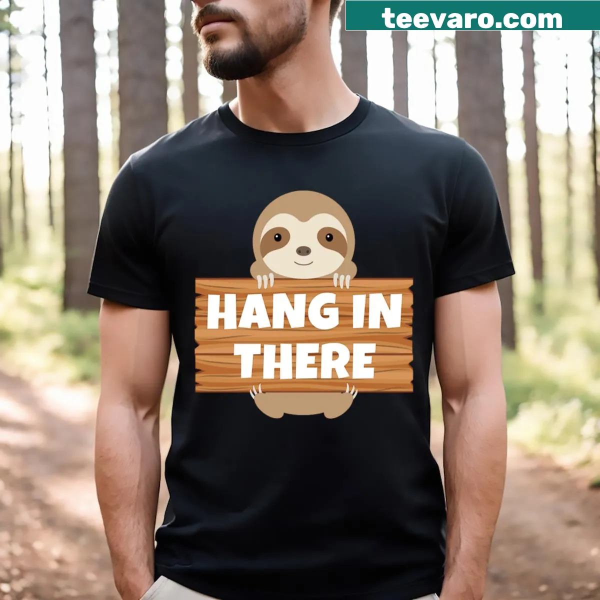 Sloth graphic with 'Hang In There' text — on a men's t-shirt
