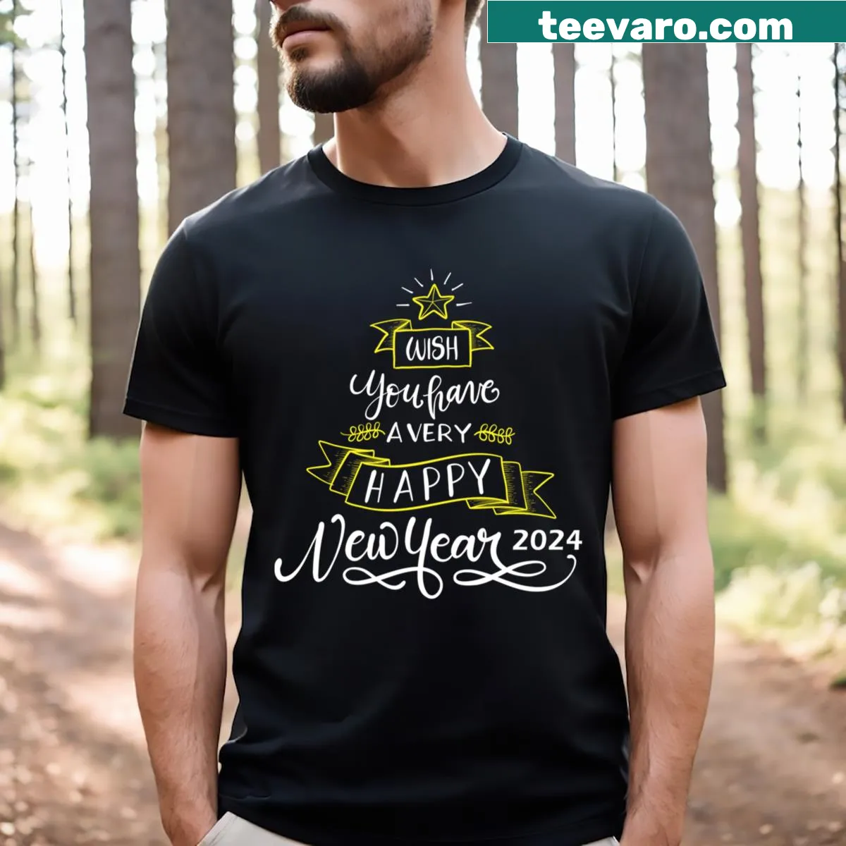 Happy New Year 2024 t-shirt with festive typography — on a men's t-shirt
