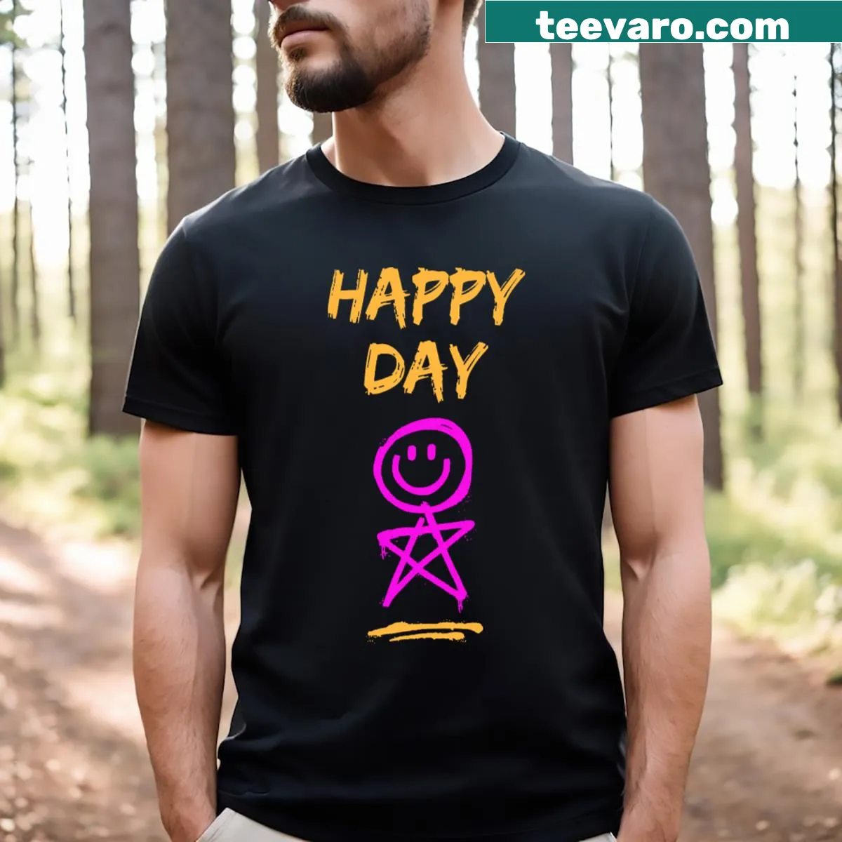 T-shirt with a smiling stick figure design conveying positivity — on a men's t-shirt