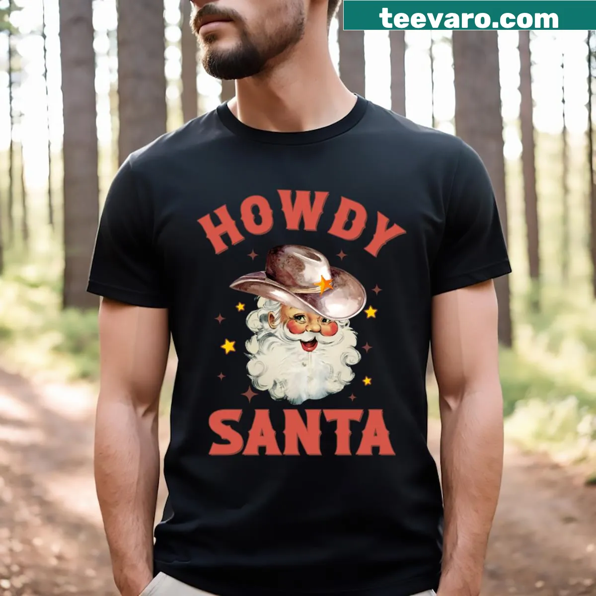 Western style Santa graphic on a Christmas T-shirt — on a men's t-shirt