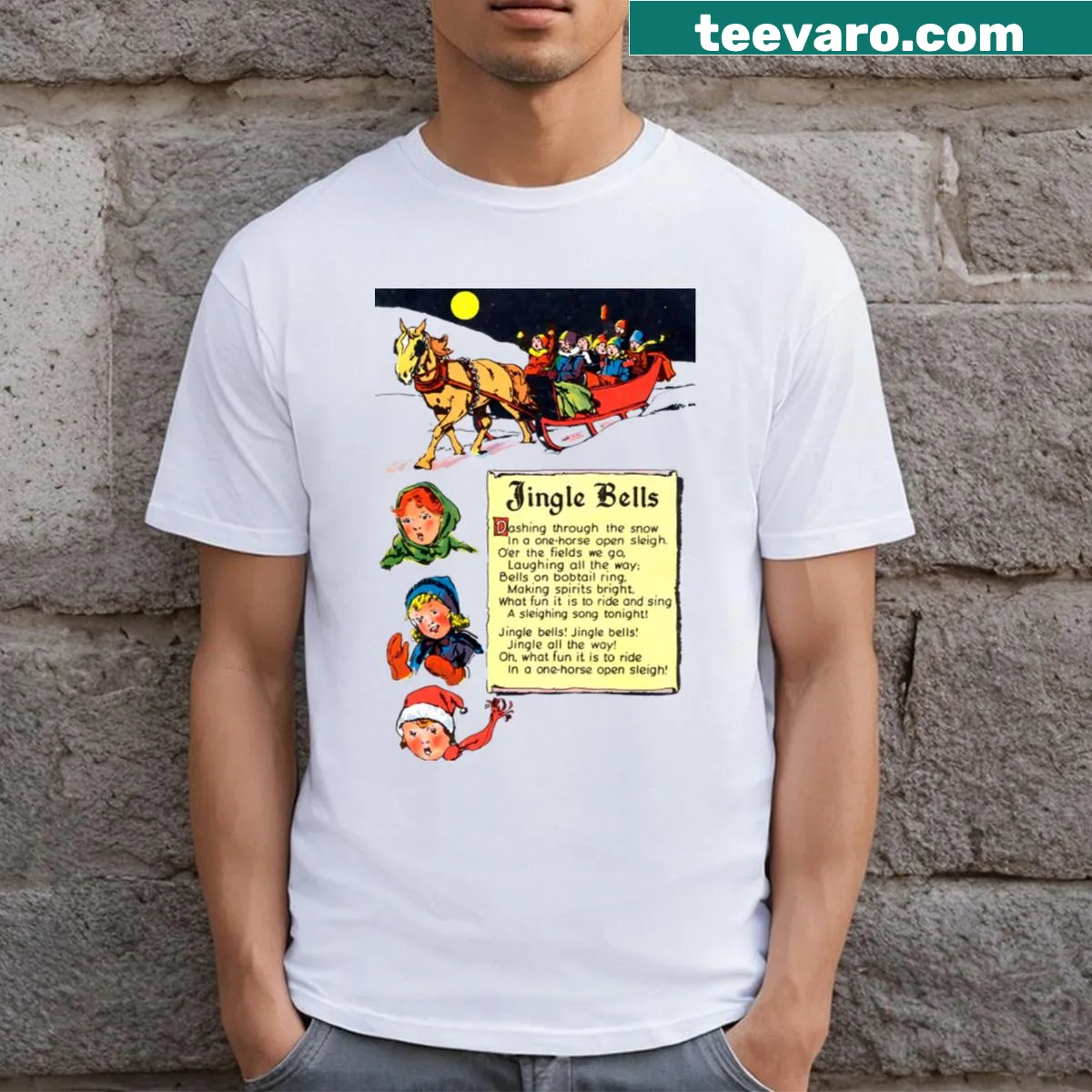 Retro t-shirt with a horse-drawn sleigh and jingle bells design — on a men's t-shirt
