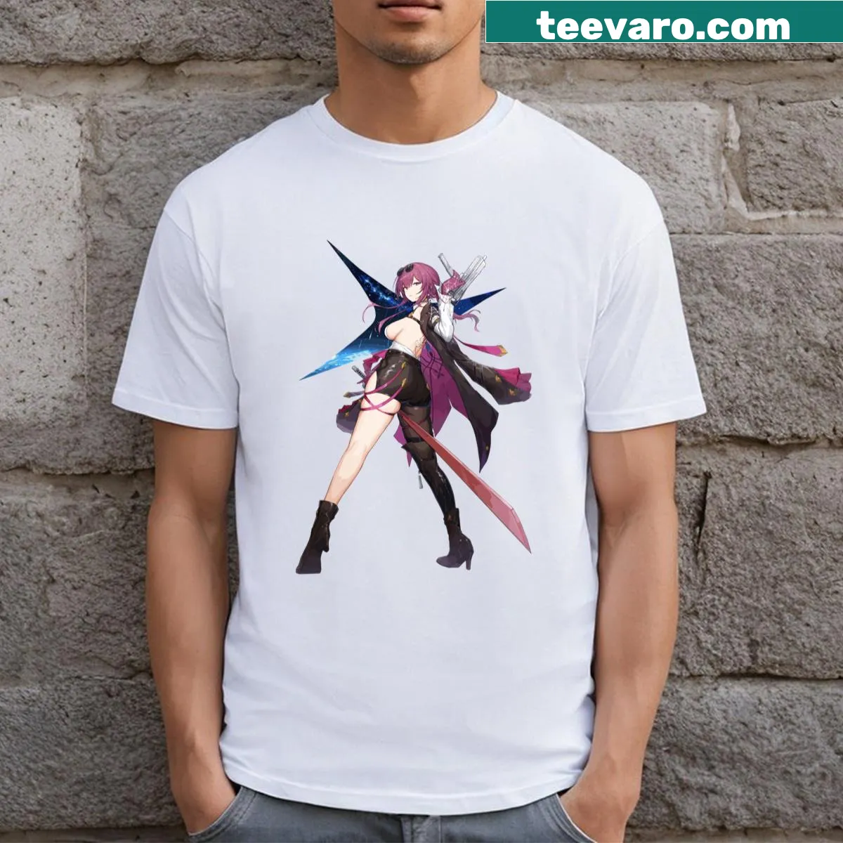 Graphic tee featuring Kafka from Honkai Star Rail. — on a men's t-shirt