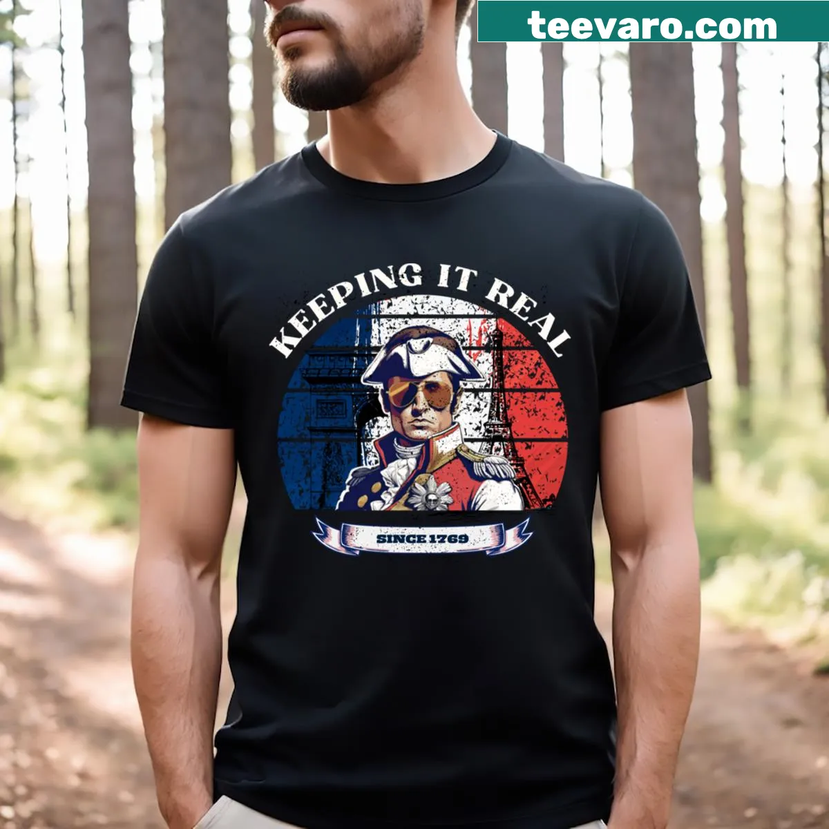 Vintage distressed T-shirt with Napoleon graphic and sunglasses — on a men's t-shirt