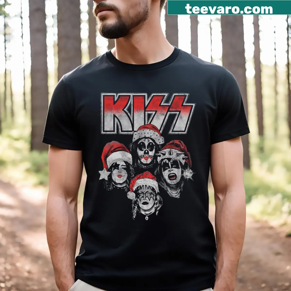 Rock Santa illustration with 'Kiss Detroit Rock' text on T-shirt — on a men's t-shirt