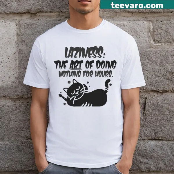 Illustrated T-shirt featuring a lazy cat in a cozy pose