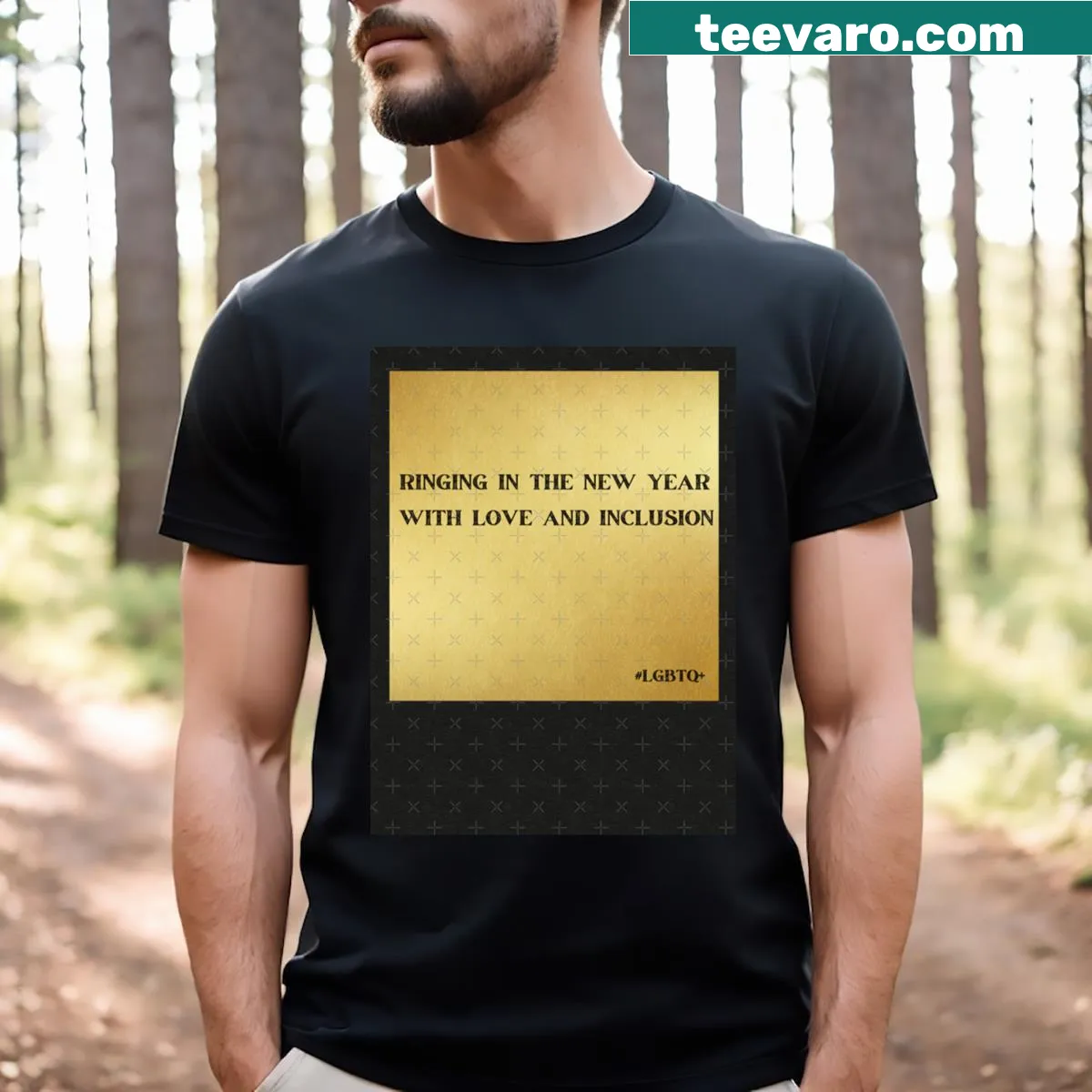 LGBTQ-themed Happy New Year 2024 t-shirt with inclusive graphics — on a men's t-shirt