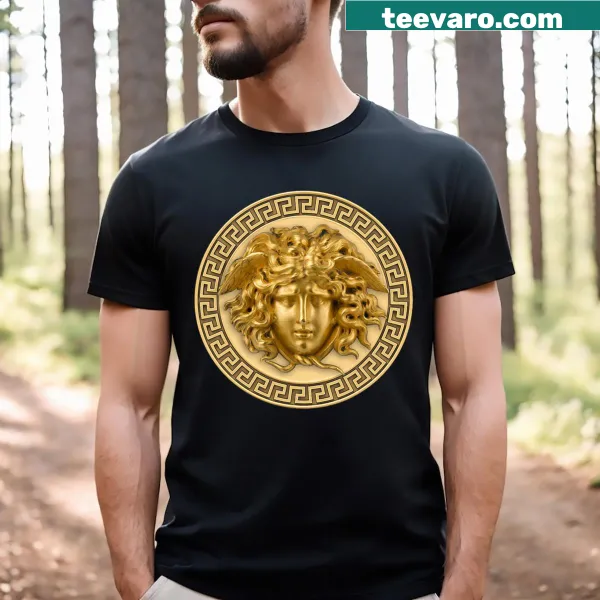 Intricate graphic of Medusa with snake hair on a t-shirt