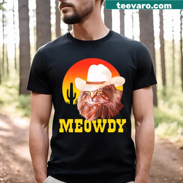 Funny country music cat T-shirt with 'Meowdy!' and cowboy hat