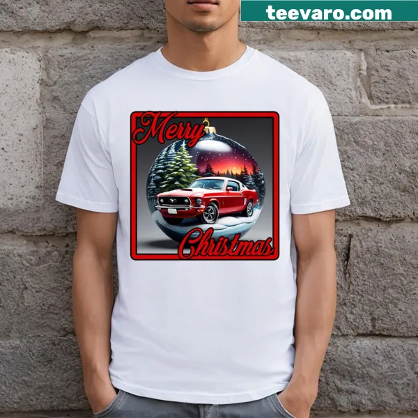 Christmas-themed T-shirt featuring a 69 Mustang graphic