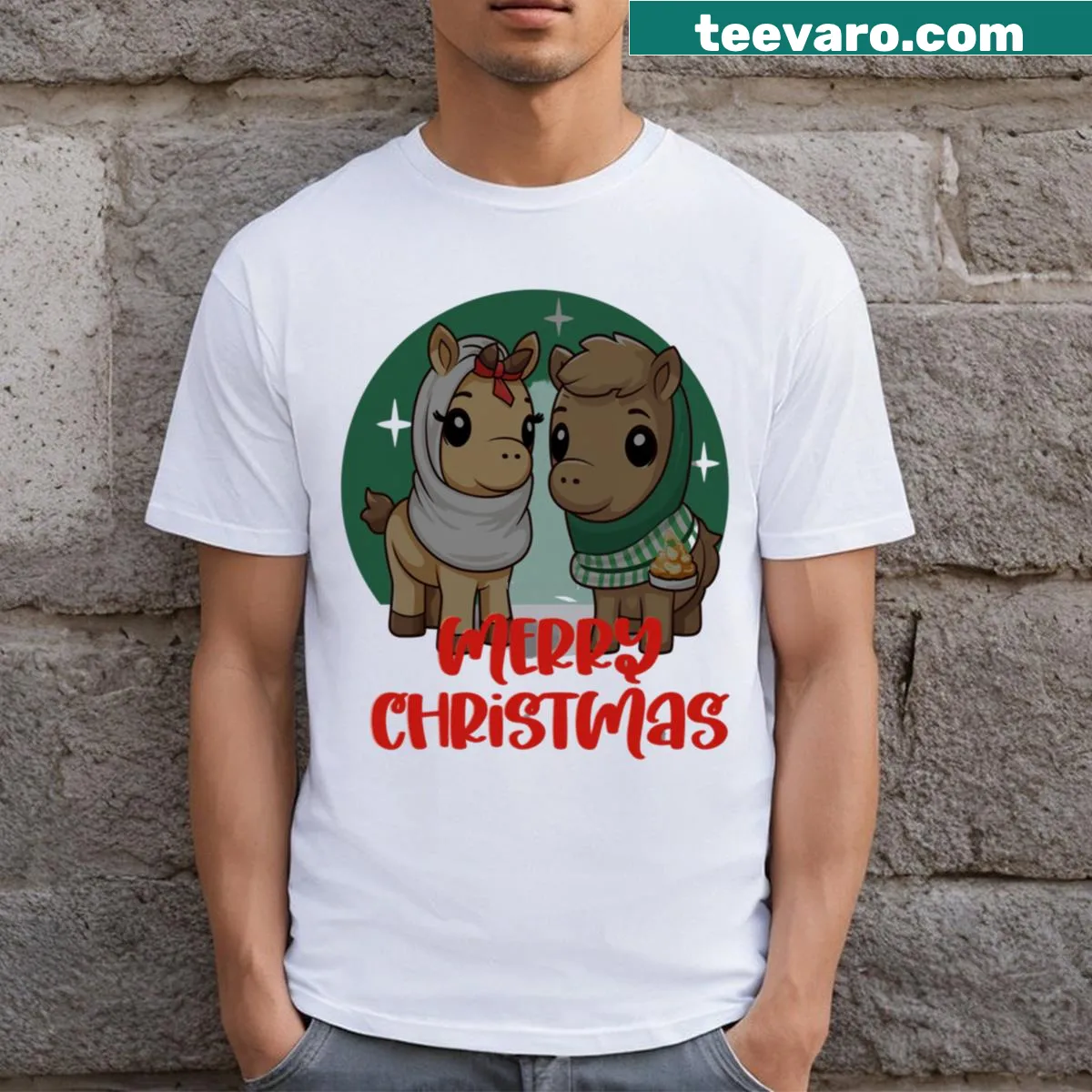 Cute ponies caroling design for Christmas t-shirt. — on a men's t-shirt