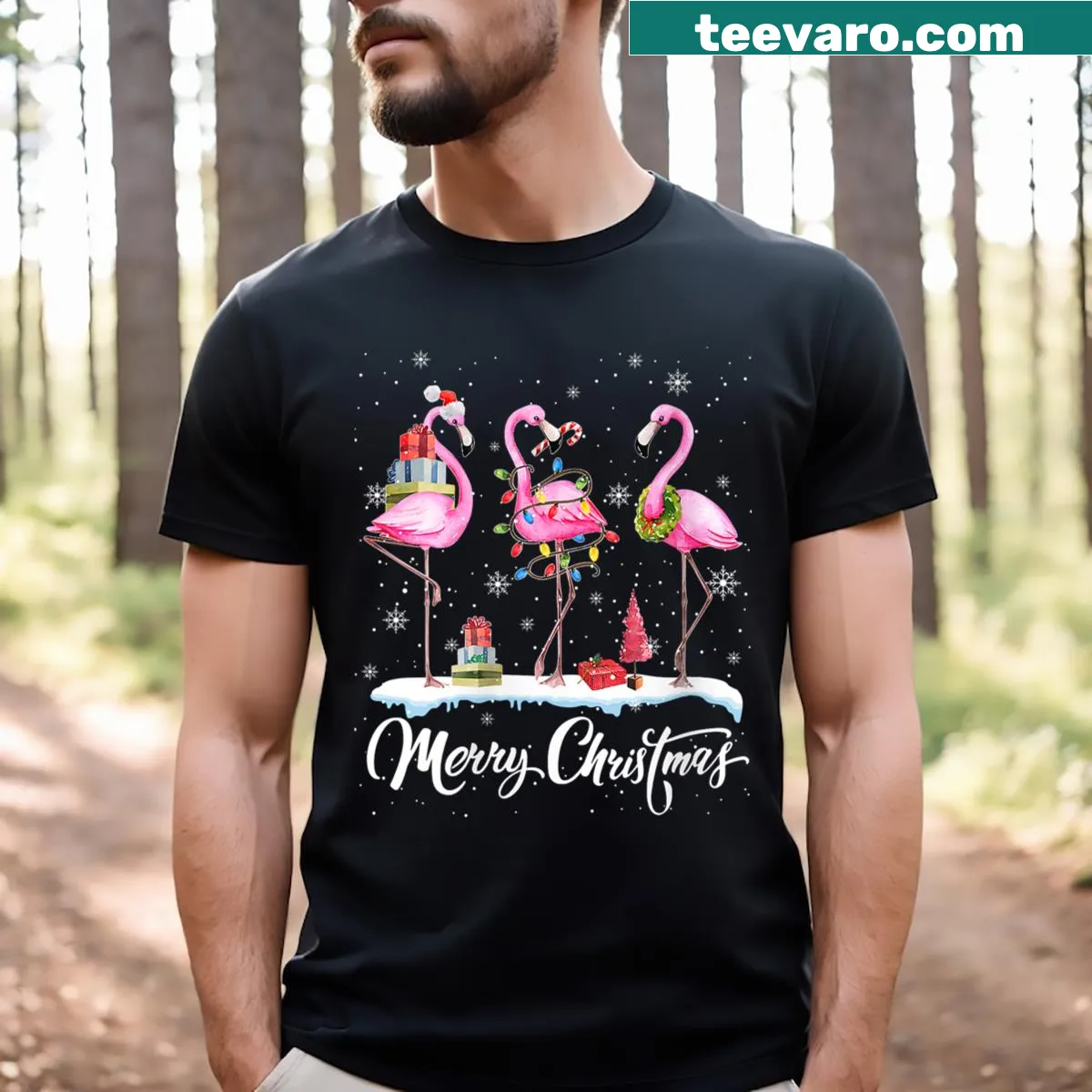 Santa flamingo wearing a hat with snowflakes on a pajama tee — on a men's t-shirt