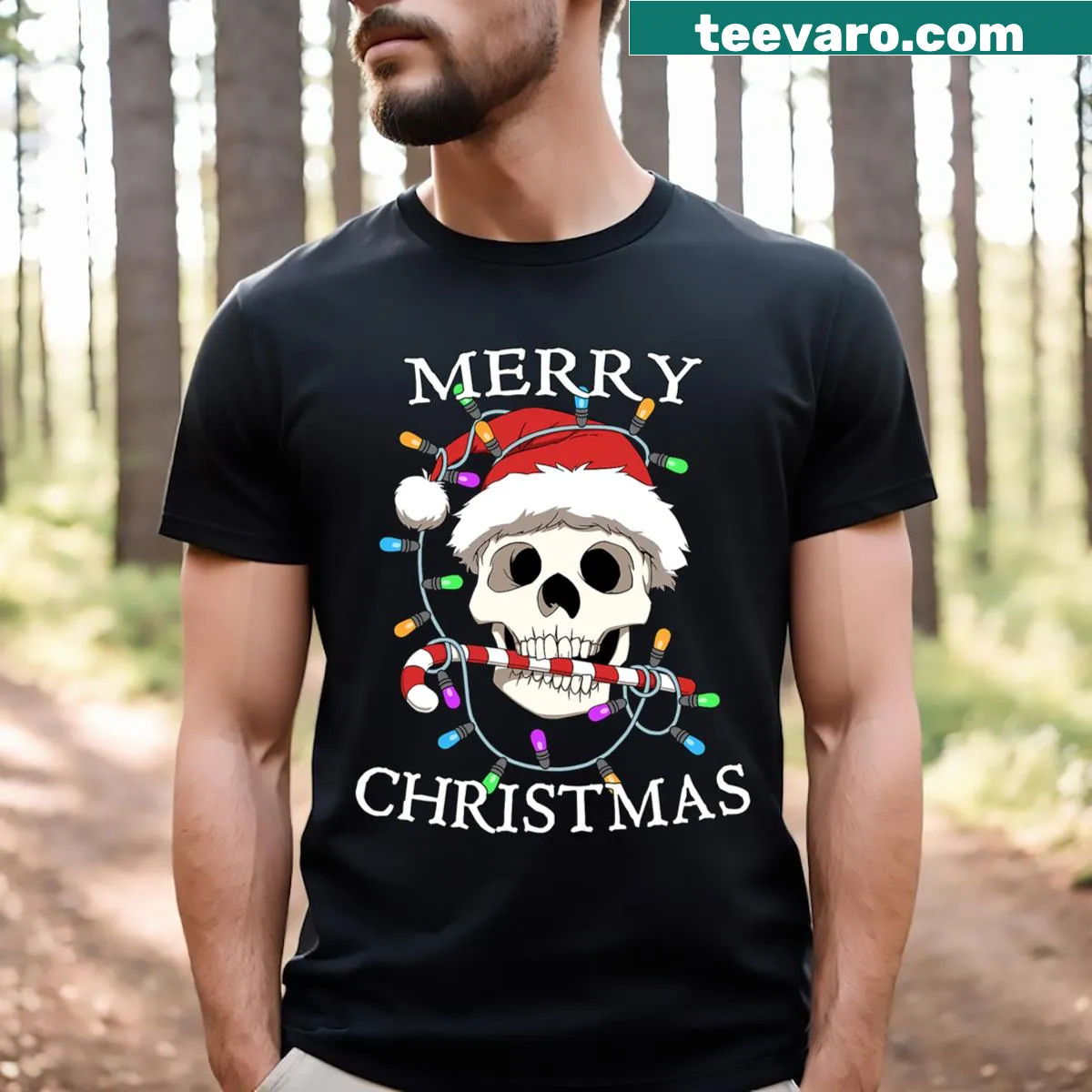 Skull skeleton design with Christmas elements on T-shirt — on a men's t-shirt