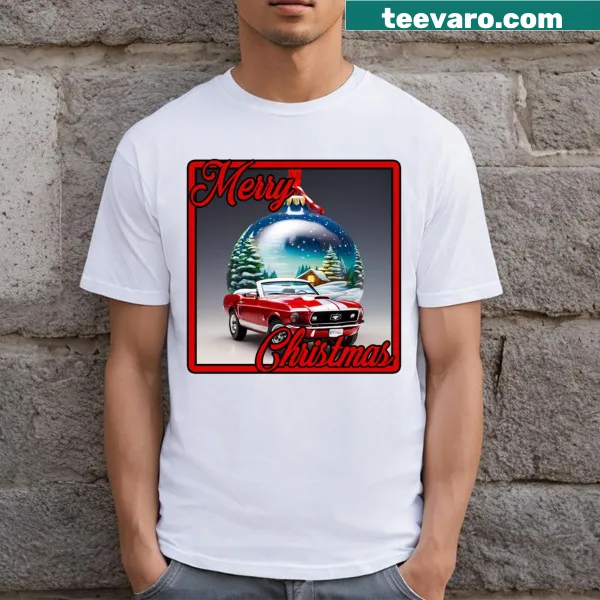 Festive Mustang t-shirt with Christmas-themed illustration