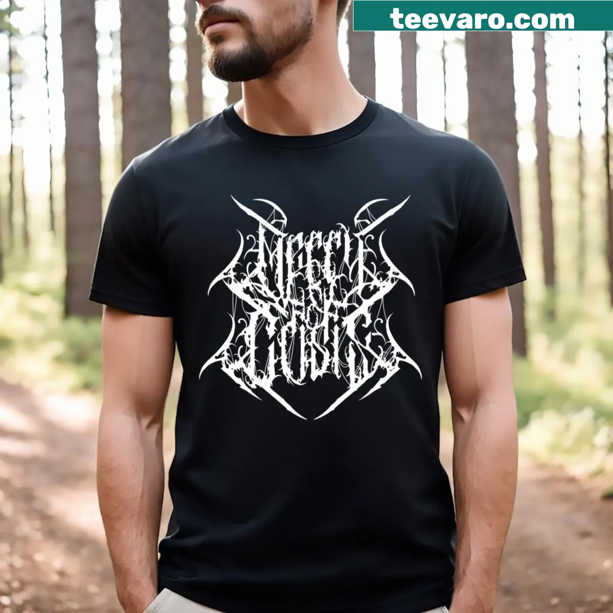 Bold 'Merry Crisis But Make It Metal' T-shirt with edgy typography — on a men's t-shirt