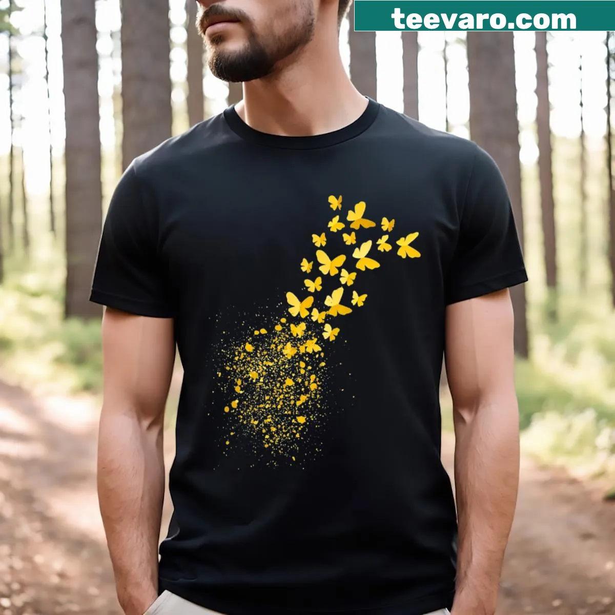 T-shirt depicting yellow butterflies symbolizing transformation — on a men's t-shirt