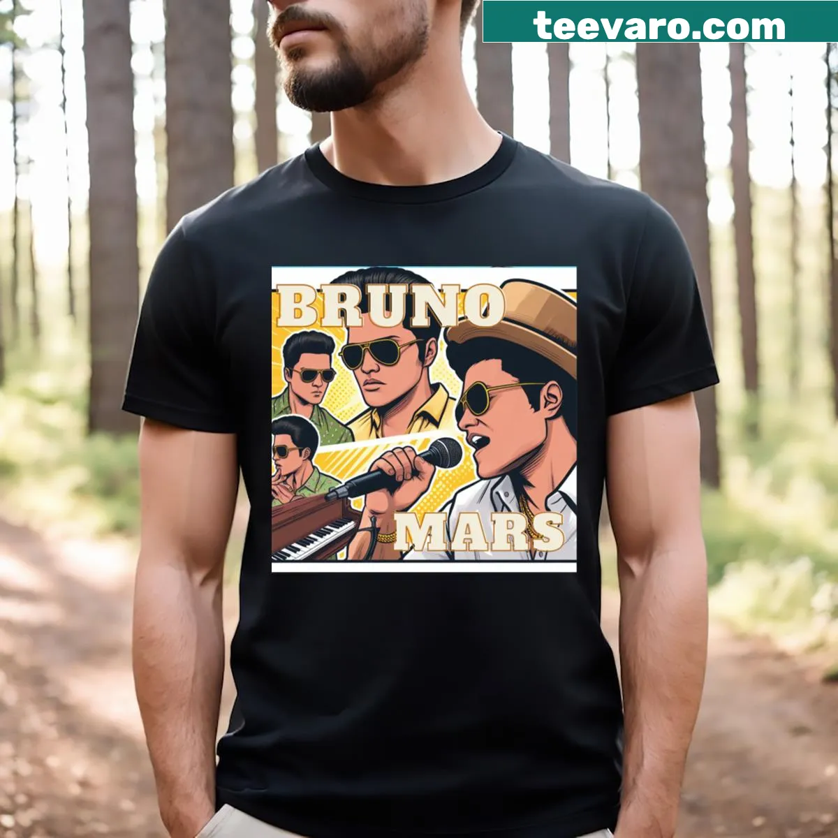 Illustration blending music and movie themes on a t-shirt — on a men's t-shirt