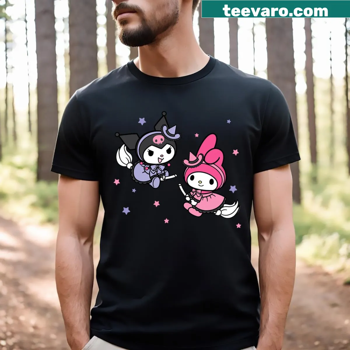 Cute Halloween t-shirt featuring My Melody and Kuromi characters — on a men's t-shirt
