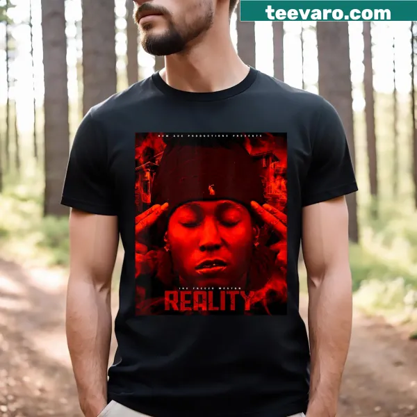 T-shirt featuring 'New Age Reality' slogan in a modern design