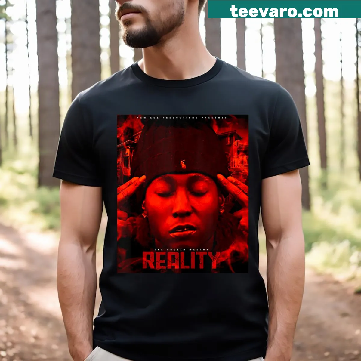 T-shirt featuring 'New Age Reality' slogan in a modern design — on a men's t-shirt