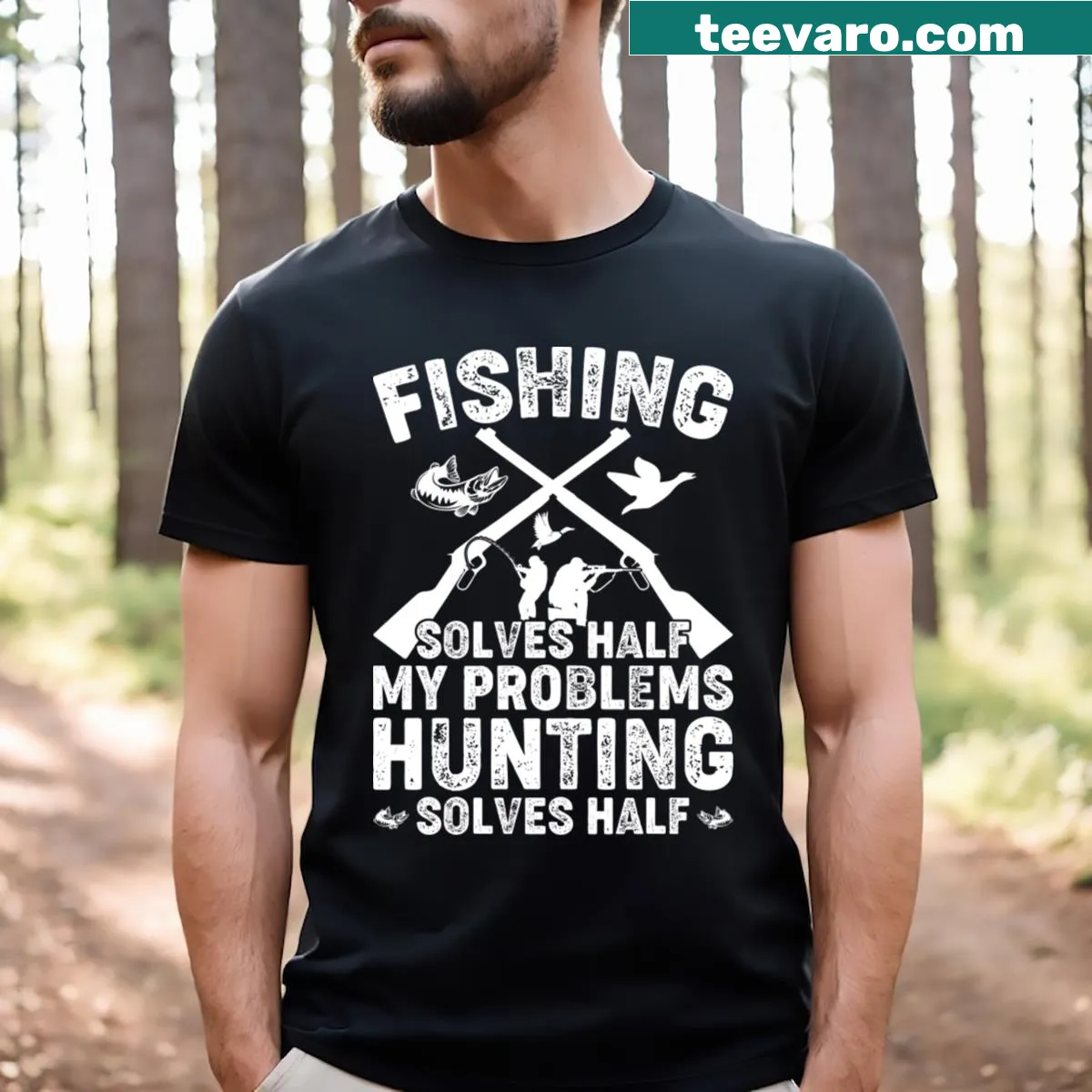 Outdoor Life fishing and hunting problem solver graphic t-shirt — on a men's t-shirt