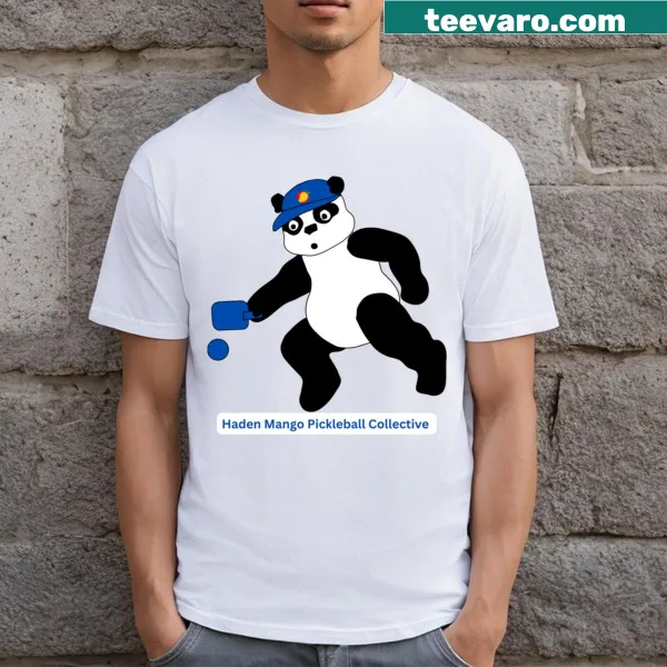 Cartoon panda design T-shirt for pickleball enthusiasts.