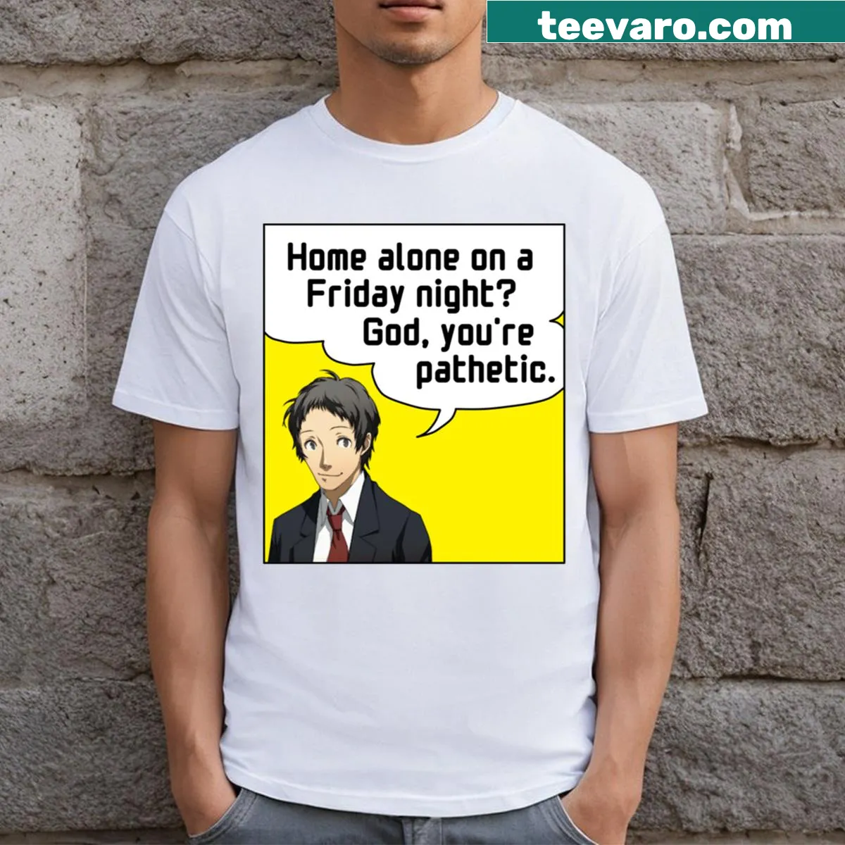Typographic T-shirt with a humorous phrase about telling Adachi your plans. — on a men's t-shirt