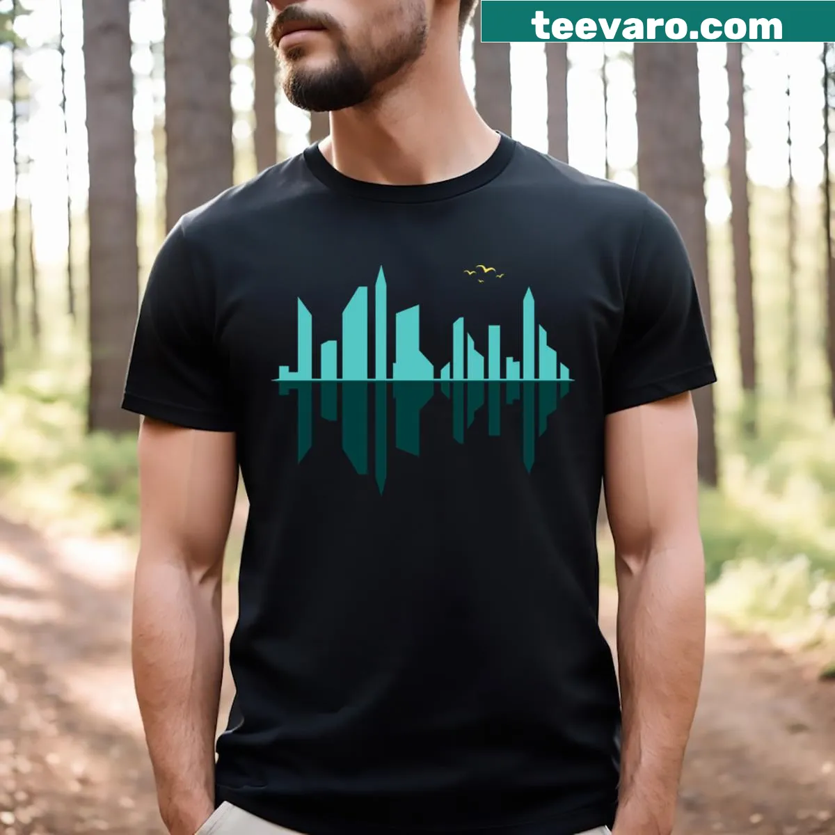 Cityscape T-shirt with a reflection of buildings in water — on a men's t-shirt
