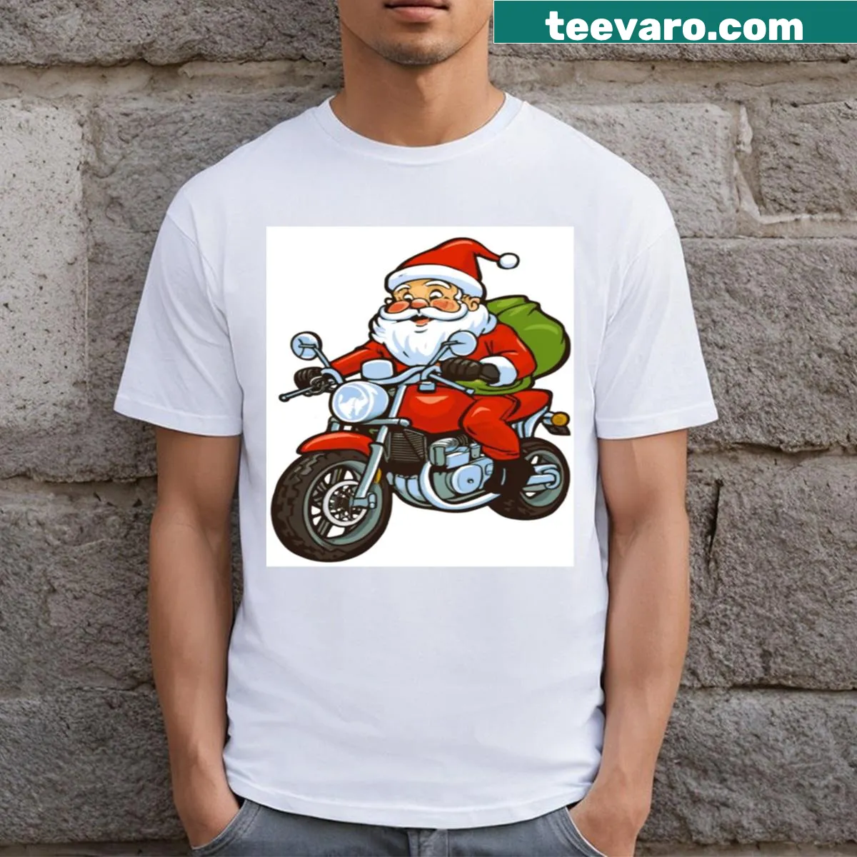 Santa Claus riding a motorbike Christmas t-shirt — on a men's t-shirt