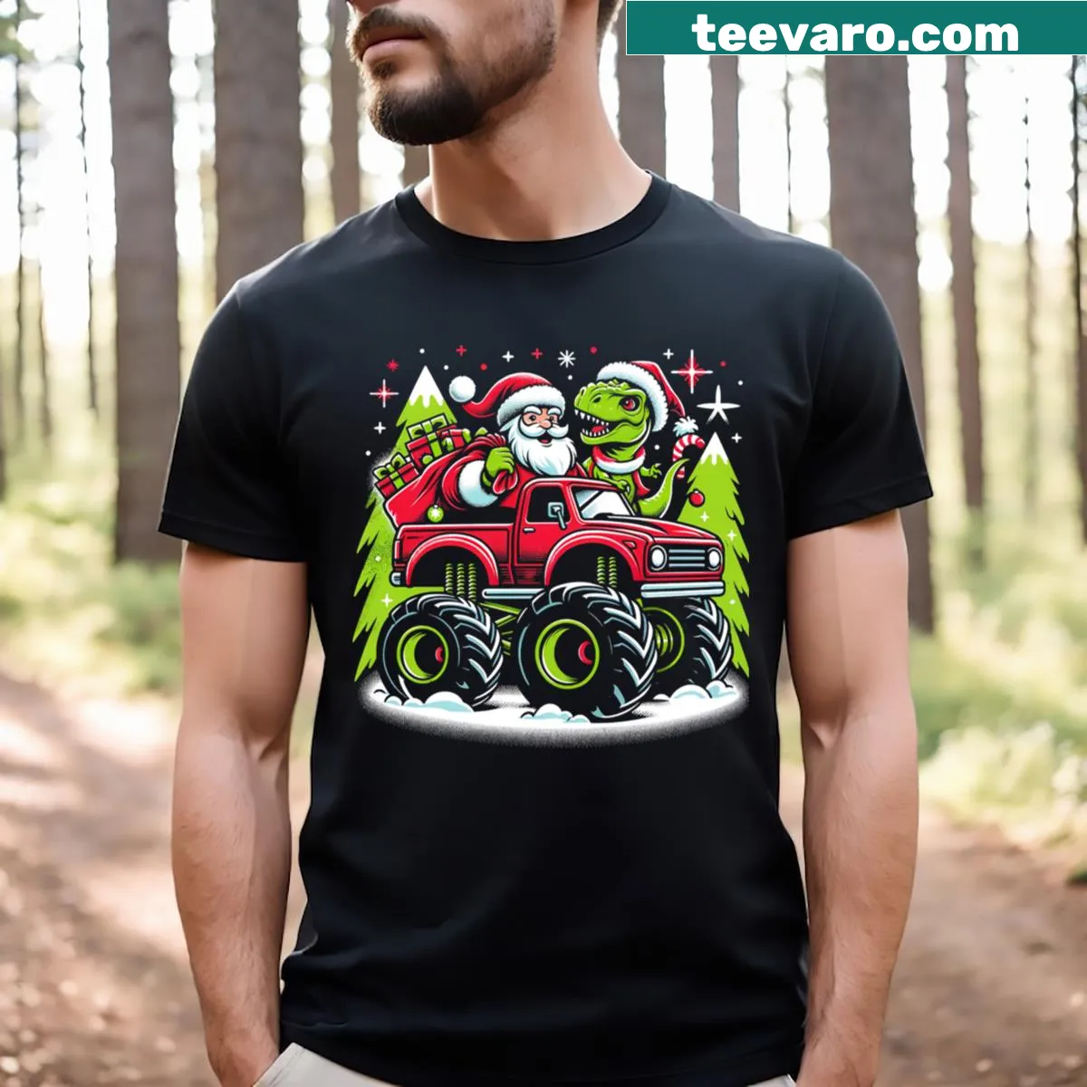 Cartoon graphic of a dinosaur driving a Santa truck filled with gifts — on a men's t-shirt
